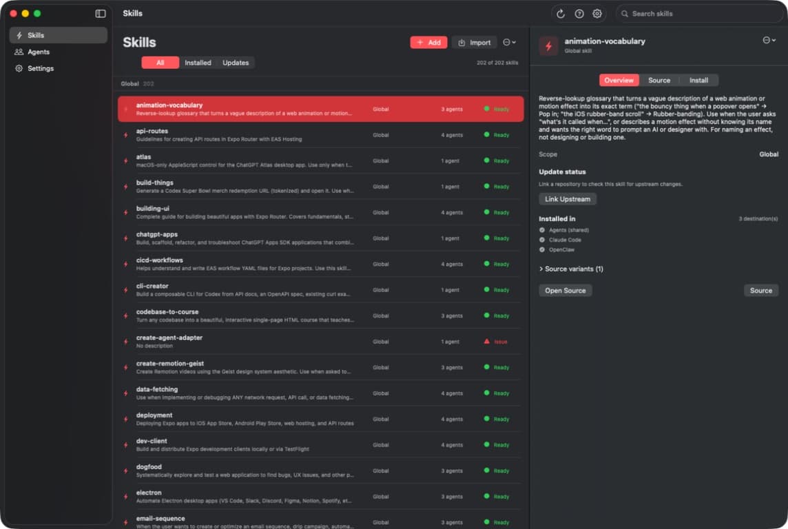 SkillSmith showing a catalog of AI agent skills and the selected skill inspector